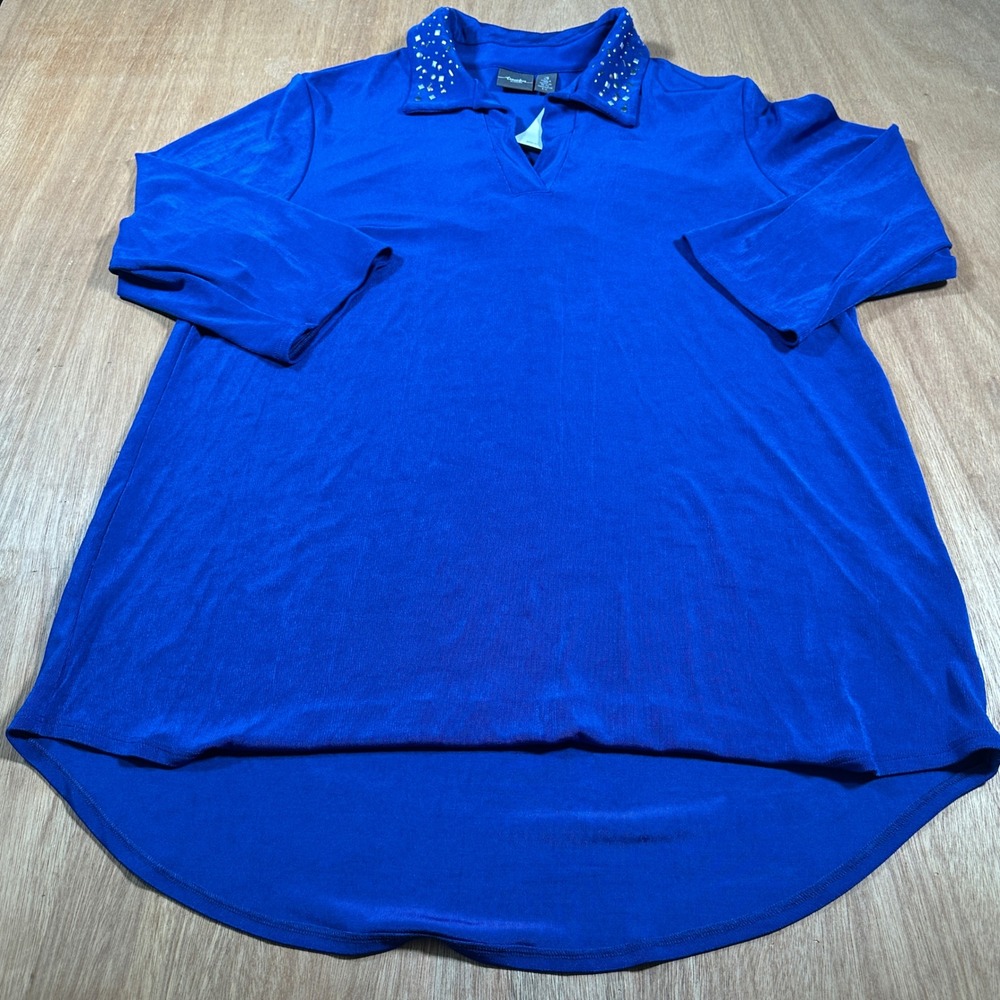 Chicos Travelers Embellished Collar Top Women 3 Catalina Blue Studded Tunic NEW